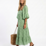 Céline | Vestido midi com padrão, mangas três-quartos e decote em V