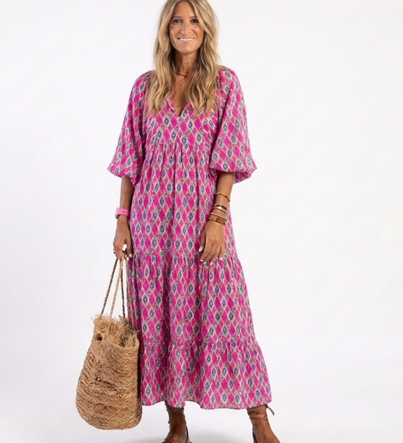 Céline | Vestido midi com padrão, mangas três-quartos e decote em V