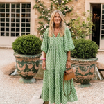 Céline | Vestido midi com padrão, mangas três-quartos e decote em V