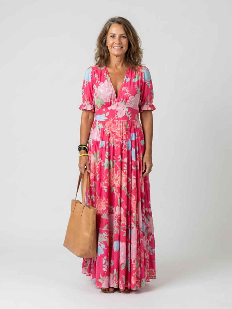 Juliette | Vestido midi com flores, mangas curtas e decote em V