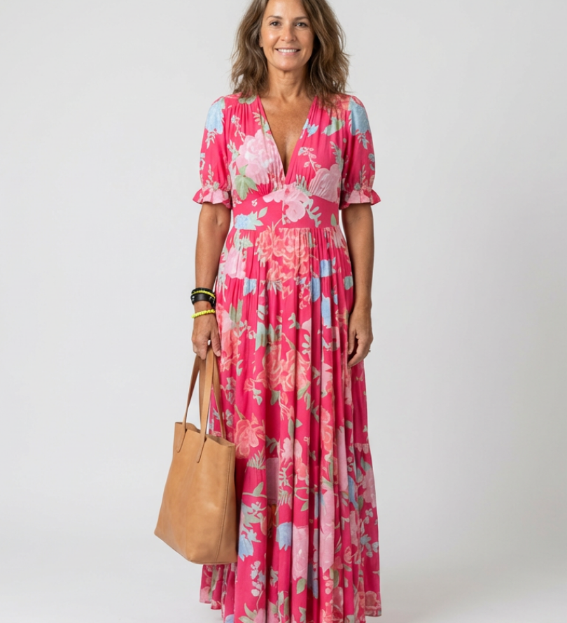 Juliette | Vestido midi com flores, mangas curtas e decote em V