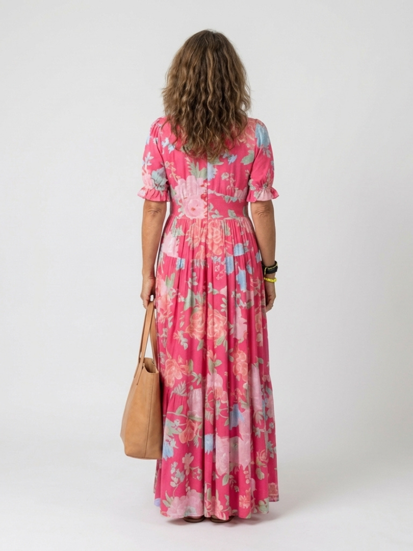 Juliette | Vestido midi com flores, mangas curtas e decote em V