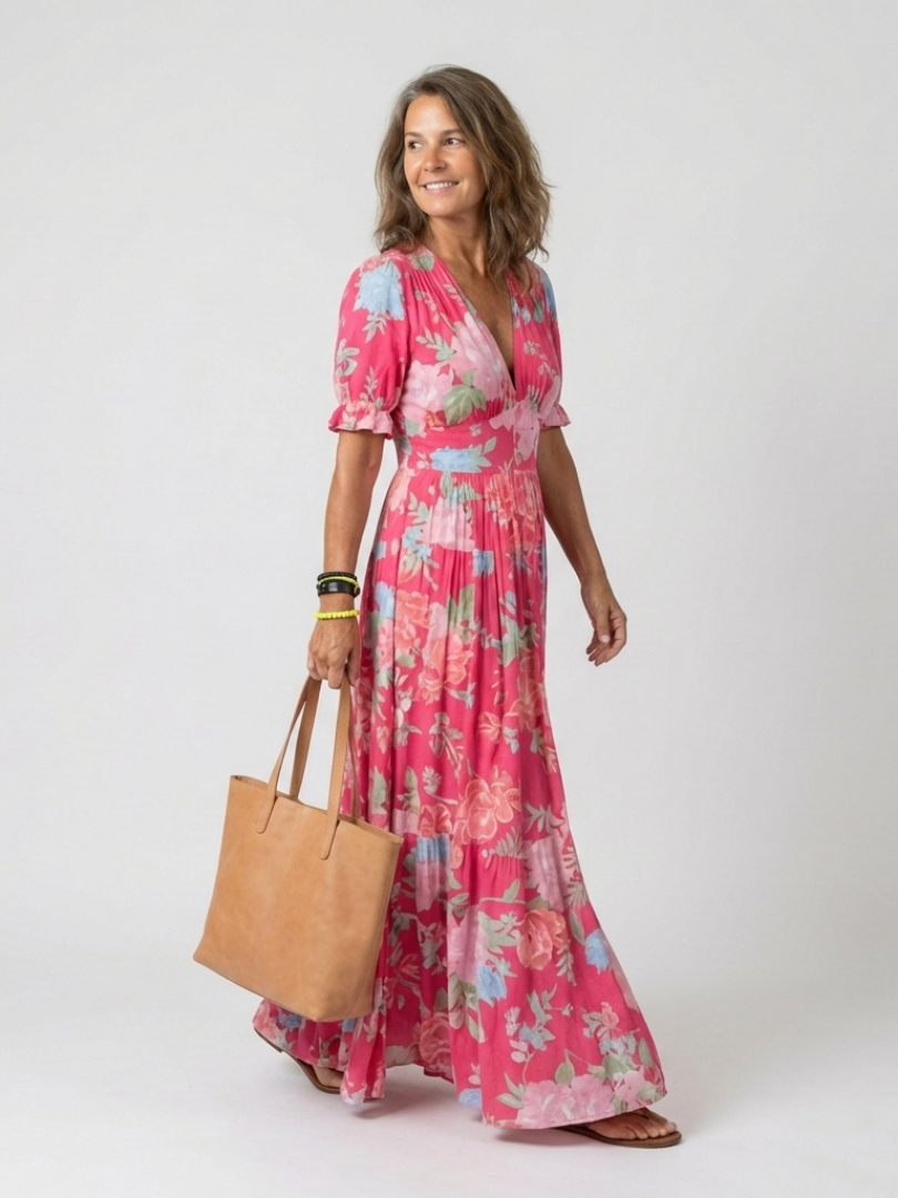 Juliette | Vestido midi com flores, mangas curtas e decote em V