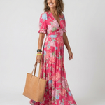 Juliette | Vestido midi com flores, mangas curtas e decote em V