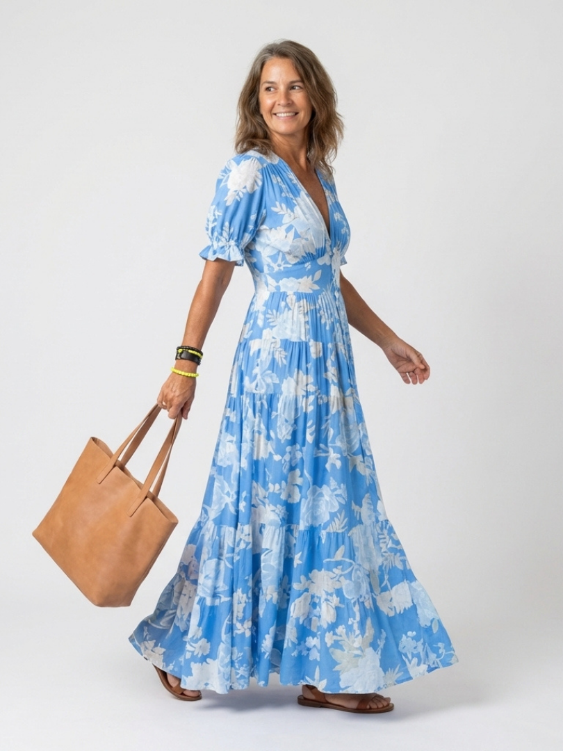 Juliette | Vestido midi com flores, mangas curtas e decote em V
