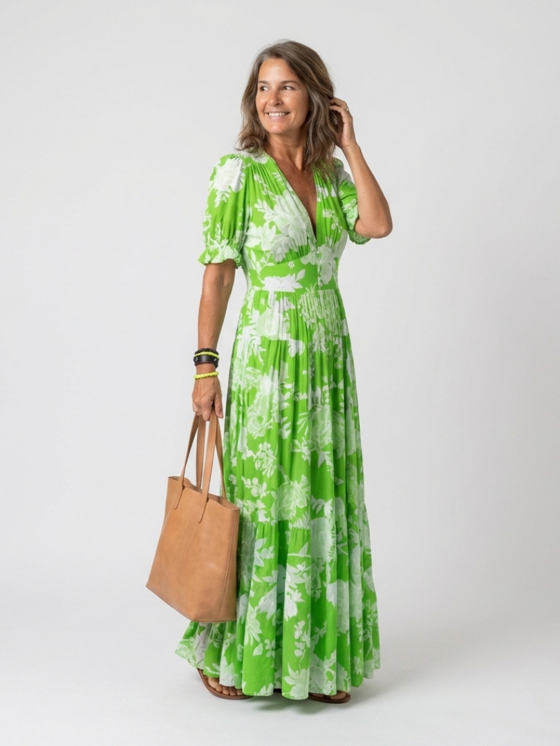 Juliette | Vestido midi com flores, mangas curtas e decote em V