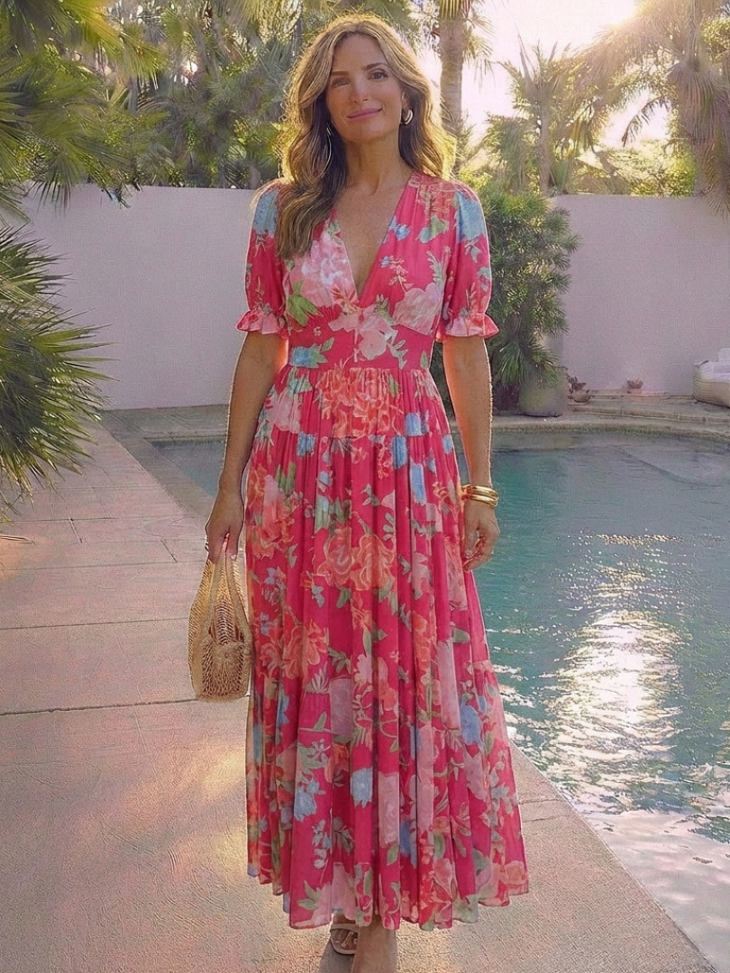 Juliette | Vestido midi com flores, mangas curtas e decote em V