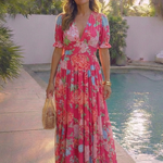 Juliette | Vestido midi com flores, mangas curtas e decote em V
