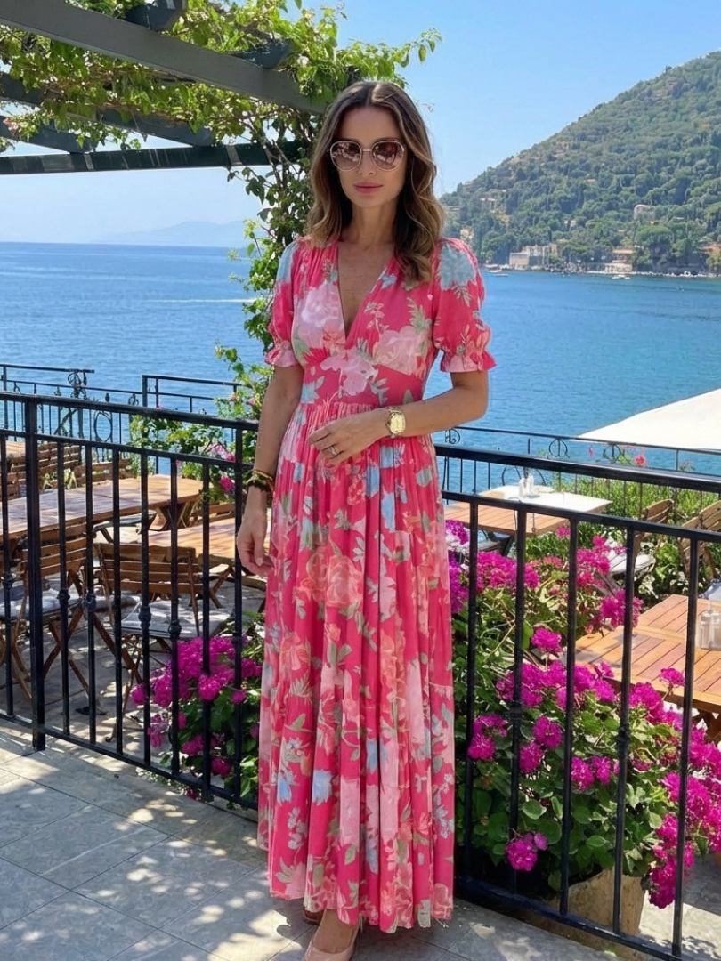 Juliette | Vestido midi com flores, mangas curtas e decote em V
