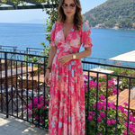 Juliette | Vestido midi com flores, mangas curtas e decote em V
