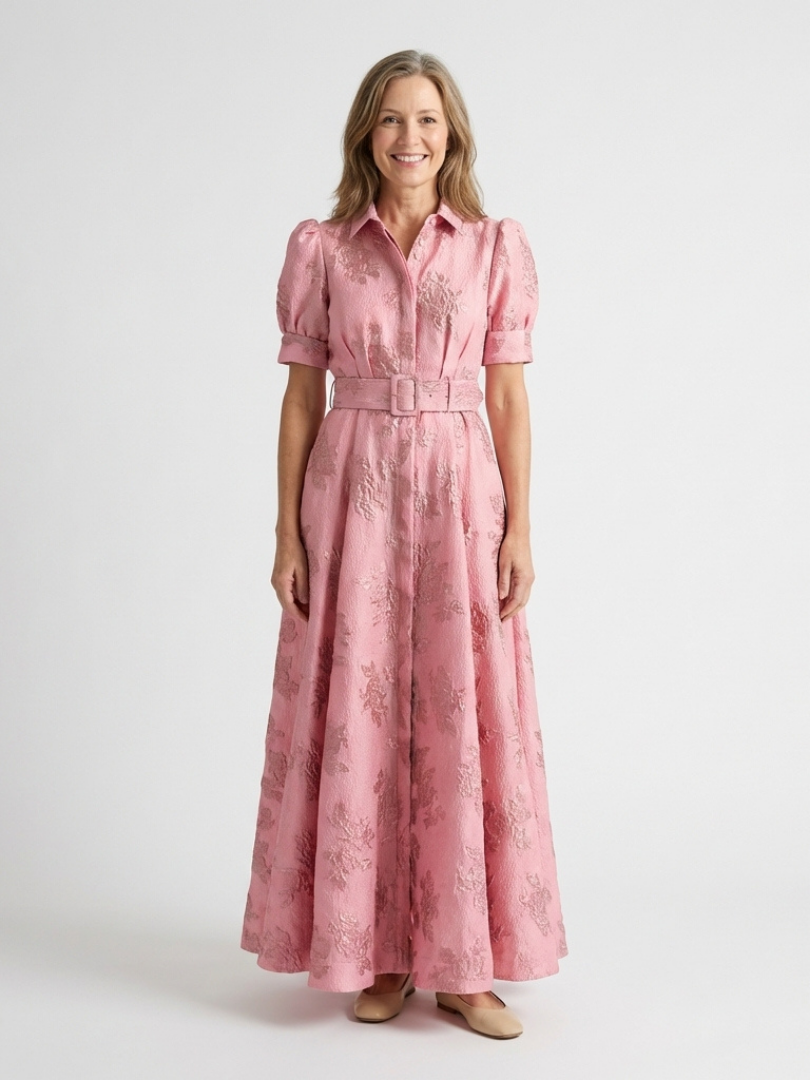 Amélie | Vestido maxi de mangas curtas com cinto em flores