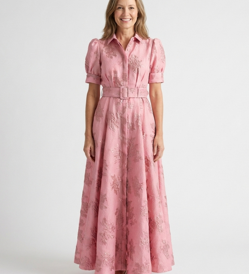 Amélie | Vestido maxi de mangas curtas com cinto em flores