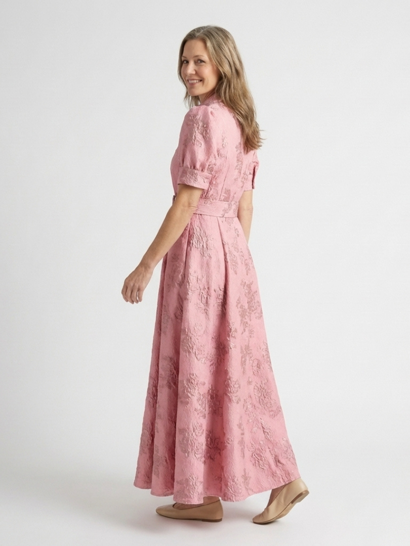 Amélie | Vestido maxi de mangas curtas com cinto em flores