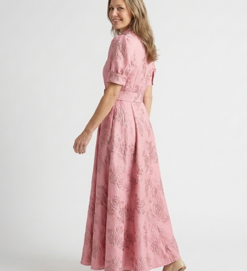 Amélie | Vestido maxi de mangas curtas com cinto em flores