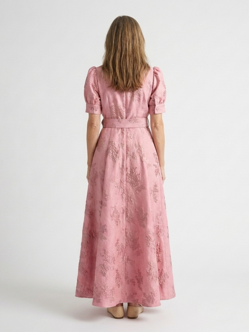 Amélie | Vestido maxi de mangas curtas com cinto em flores