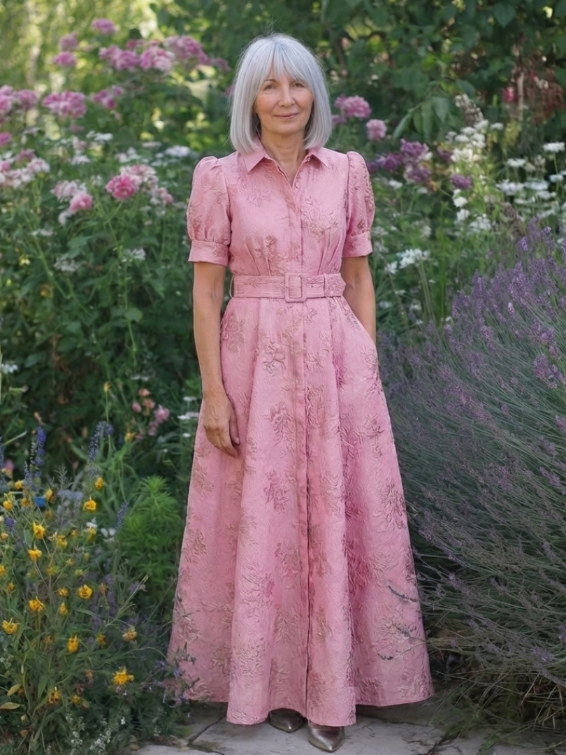 Amélie | Vestido maxi de mangas curtas com cinto em flores