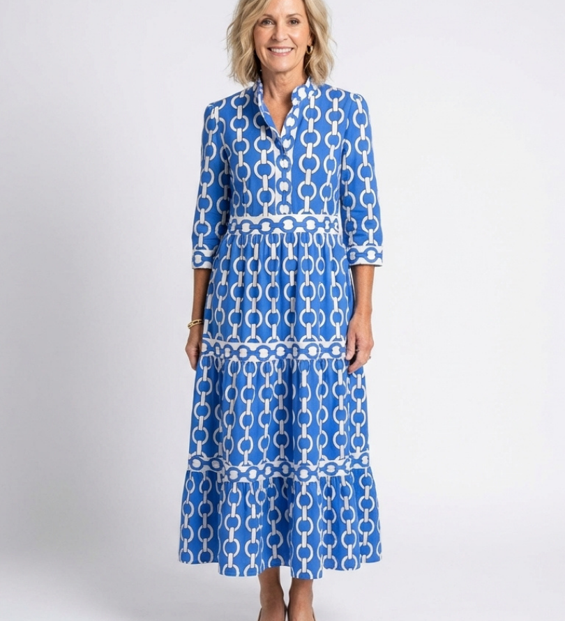 Pauline | Vestido midi de mangas três quartos e padrão de corrente