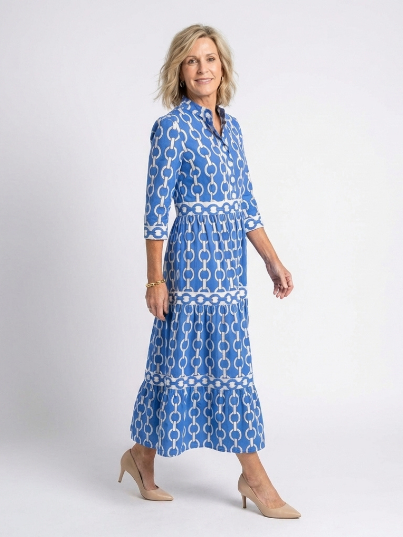 Pauline | Vestido midi de mangas três quartos e padrão de corrente