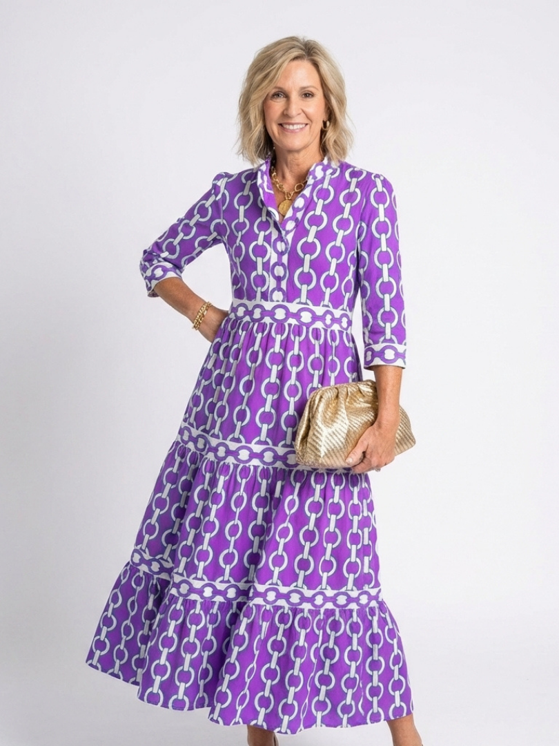Pauline | Vestido midi de mangas três quartos e padrão de corrente