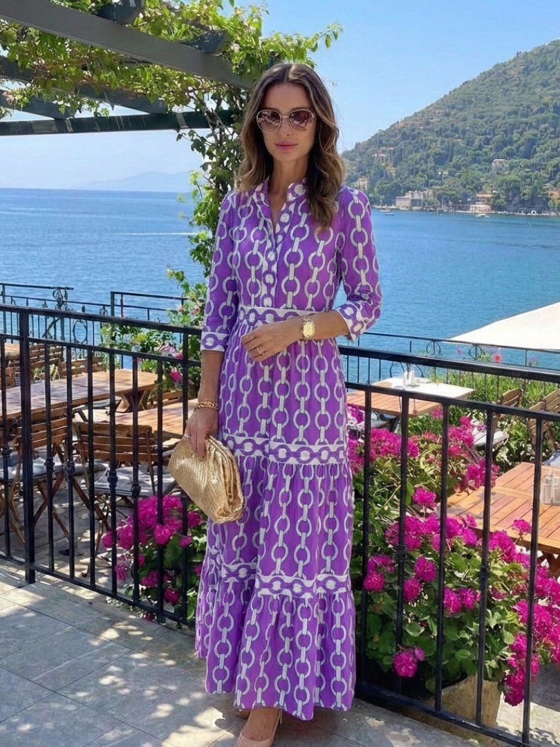 Pauline | Vestido midi de mangas três quartos e padrão de corrente
