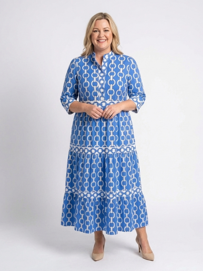 Pauline | Vestido midi de mangas três quartos e padrão de corrente