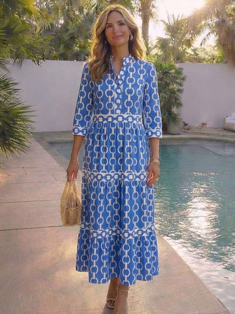 Pauline | Vestido midi de mangas três quartos e padrão de corrente