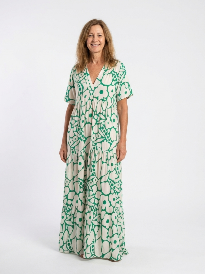 Lucie | Vestido midi com flores, mangas curtas e decote em V