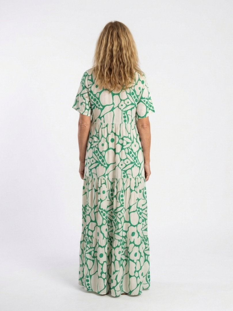 Lucie | Vestido midi com flores, mangas curtas e decote em V