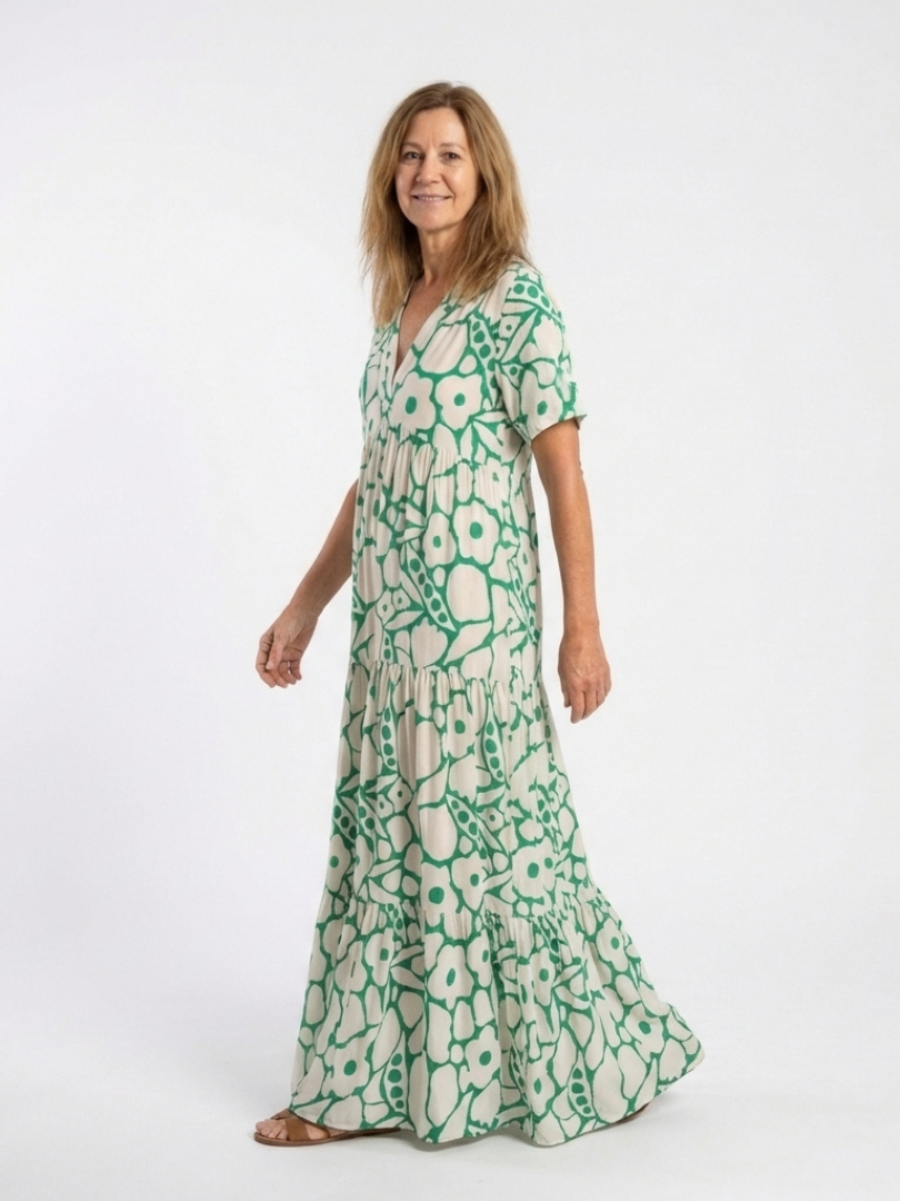 Lucie | Vestido midi com flores, mangas curtas e decote em V