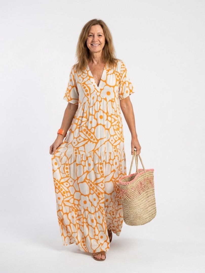 Lucie | Vestido midi com flores, mangas curtas e decote em V