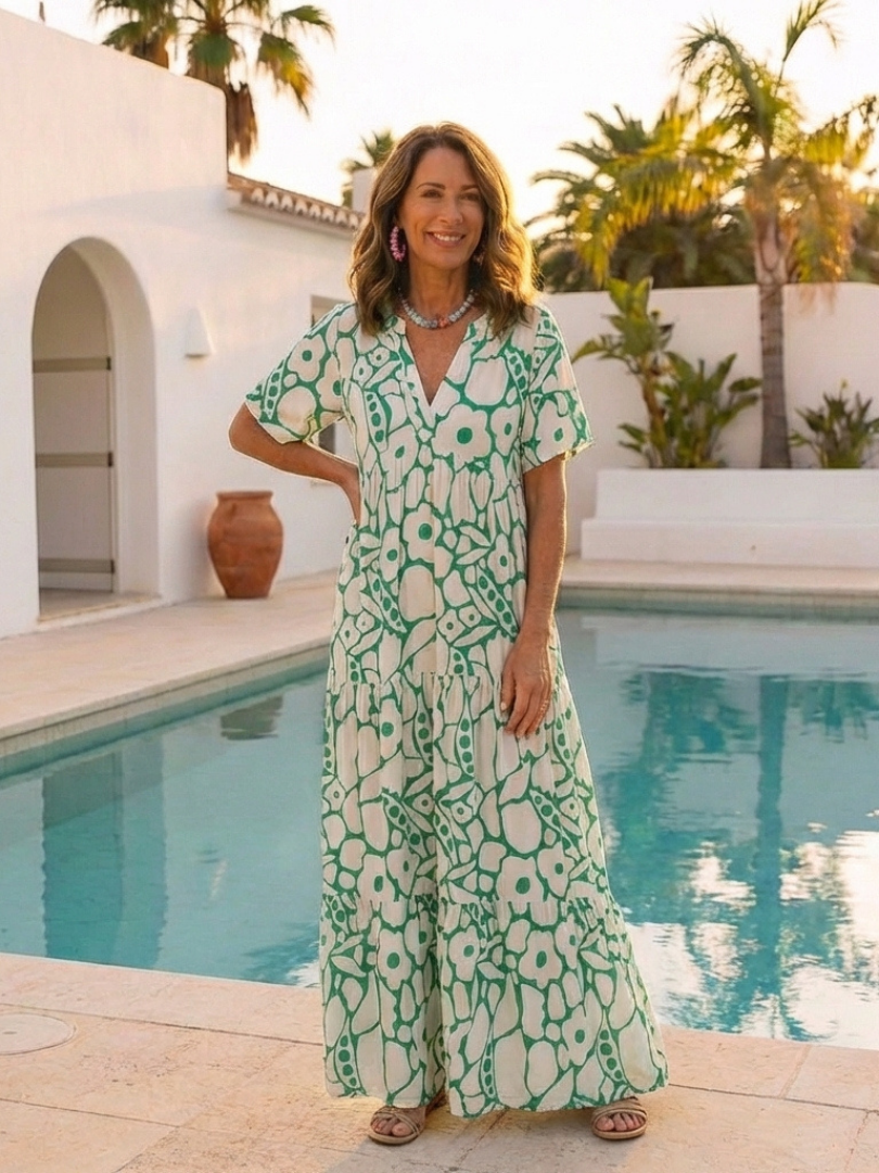 Lucie | Vestido midi com flores, mangas curtas e decote em V