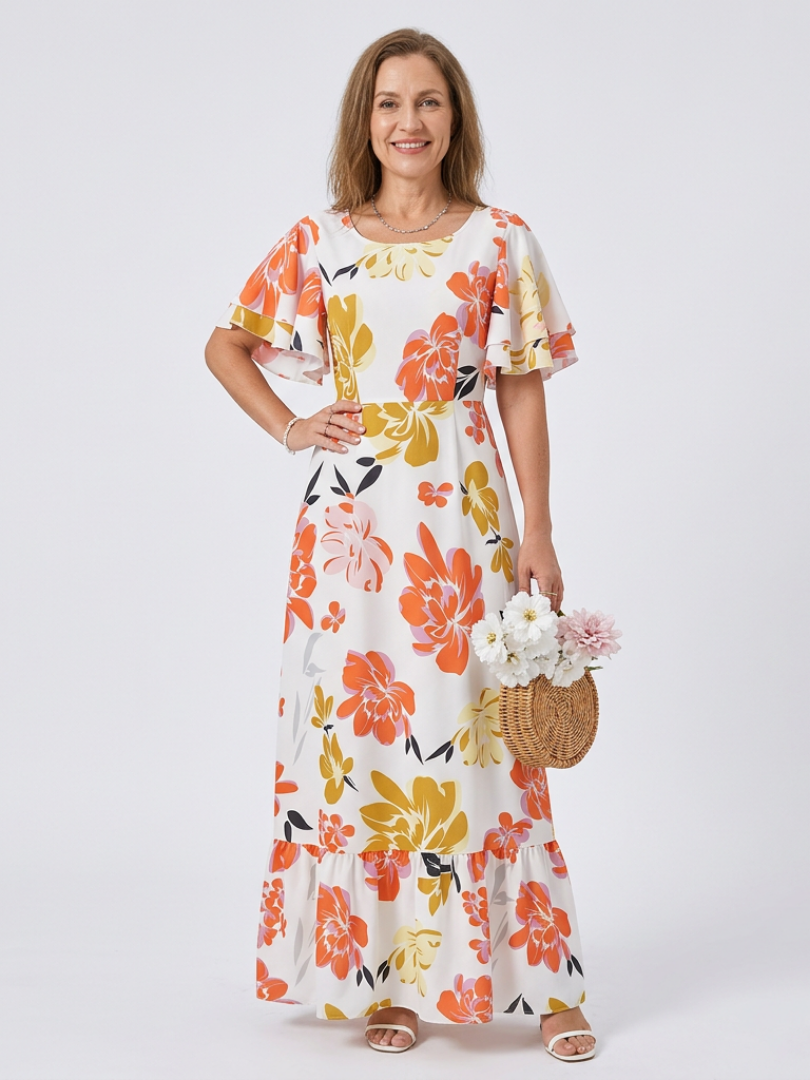 Nathalie | Vestido maxi de mangas curtas e decote redondo