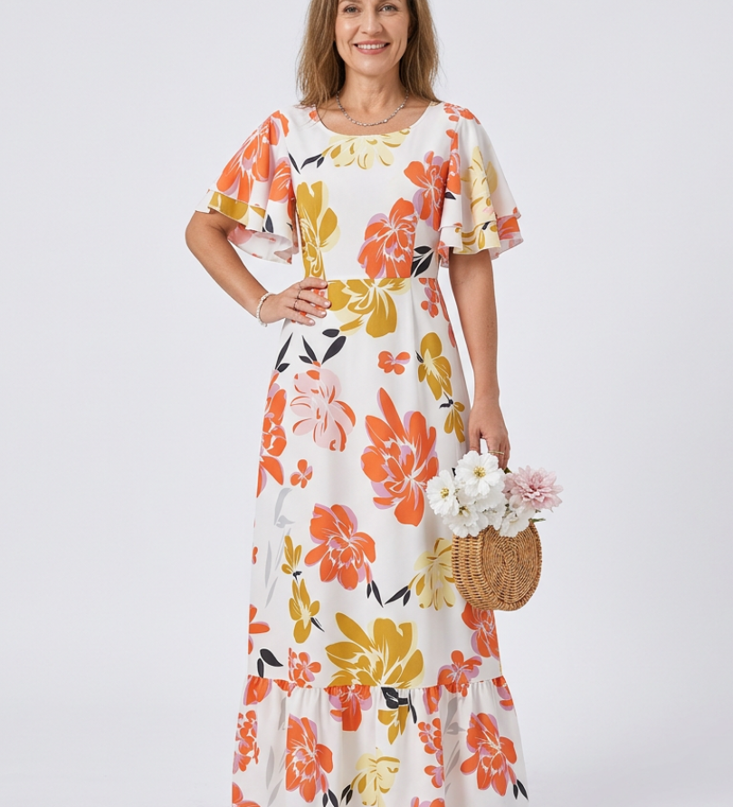 Nathalie | Vestido maxi de mangas curtas e decote redondo