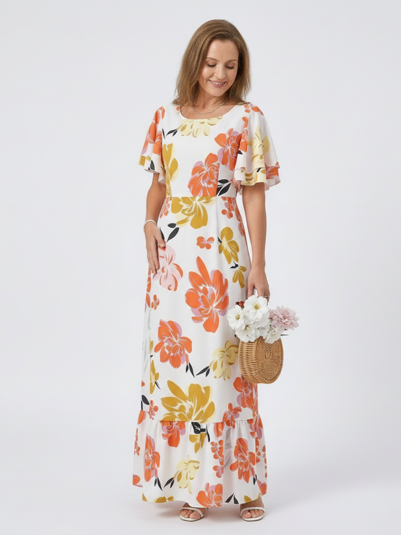 Nathalie | Vestido maxi de mangas curtas e decote redondo