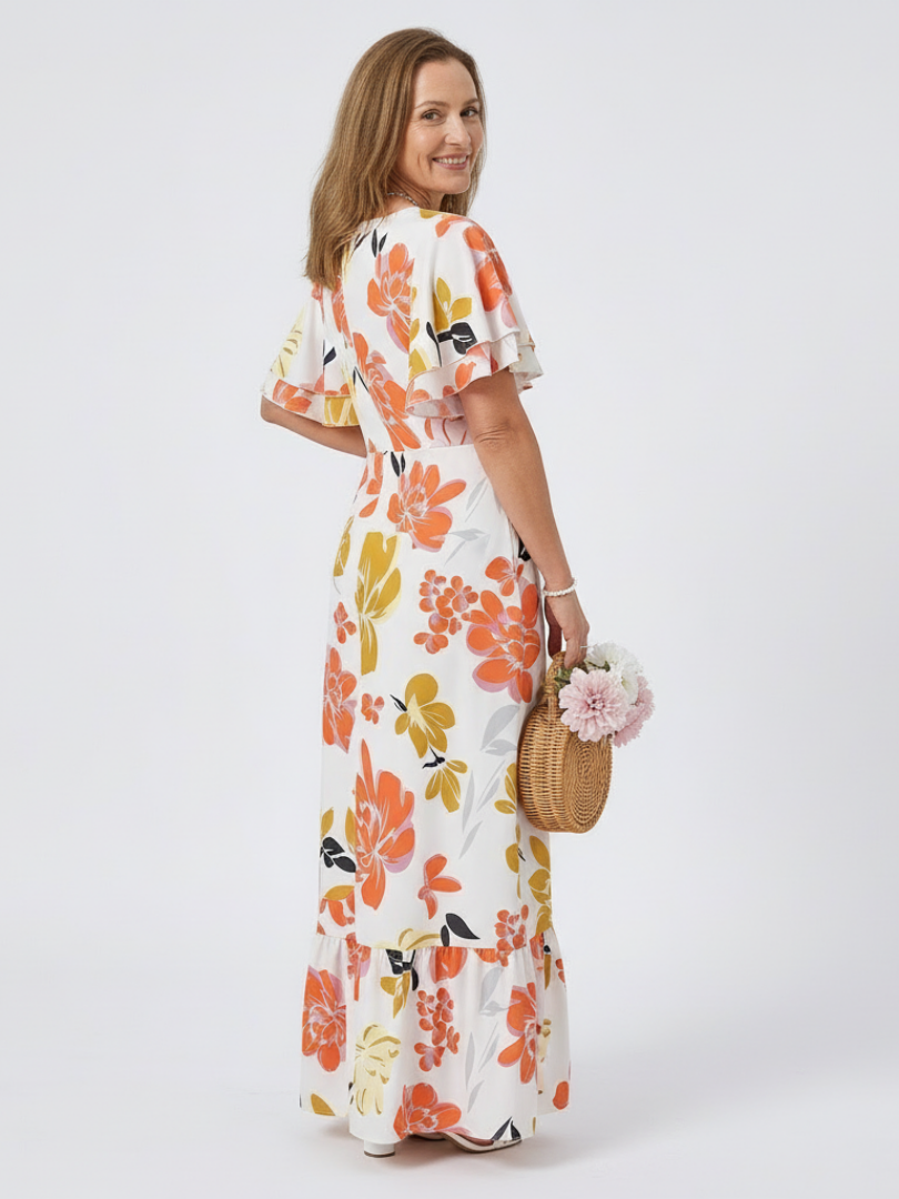 Nathalie | Vestido maxi de mangas curtas e decote redondo