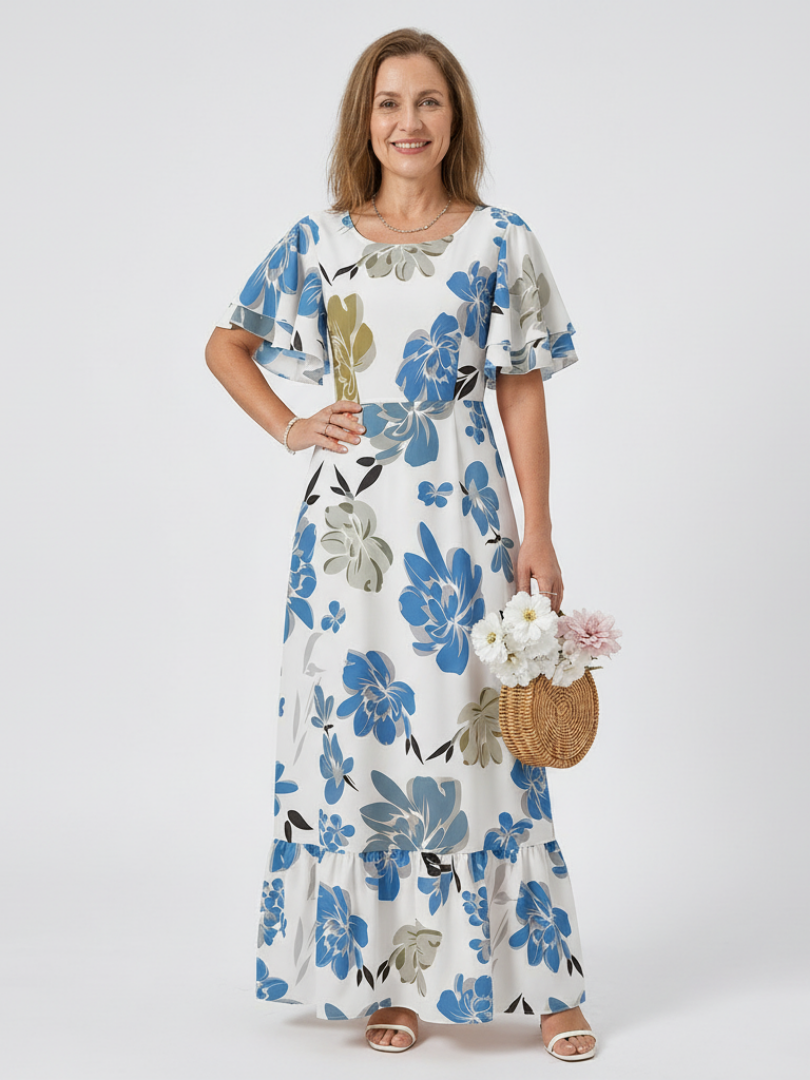 Nathalie | Vestido maxi de mangas curtas e decote redondo