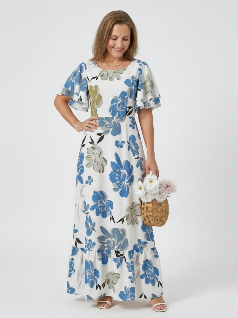 Nathalie | Vestido maxi de mangas curtas e decote redondo