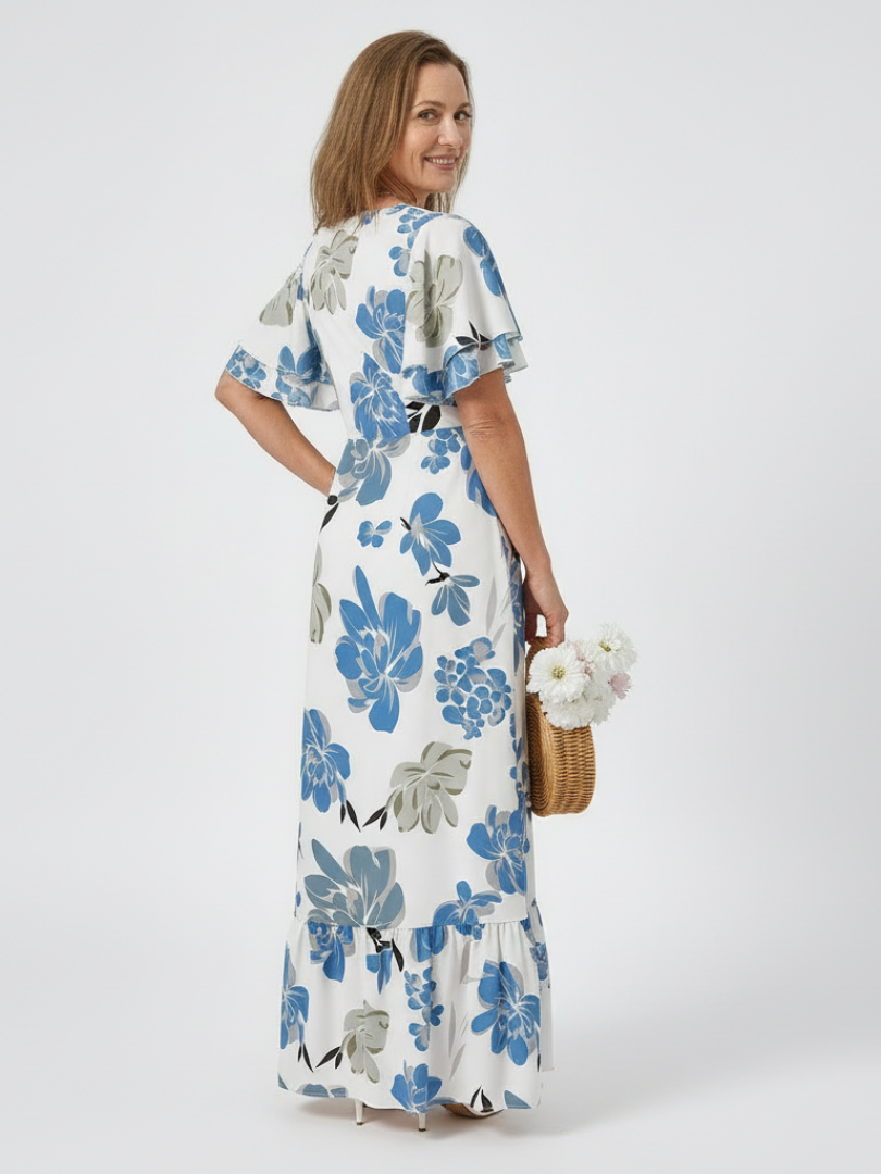Nathalie | Vestido maxi de mangas curtas e decote redondo