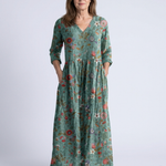 Valérie | Vestido maxi floral com decote em V e mangas três quartos