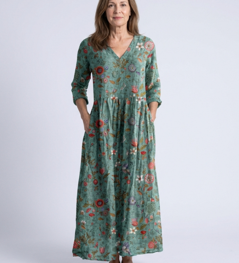 Valérie | Vestido maxi floral com decote em V e mangas três quartos