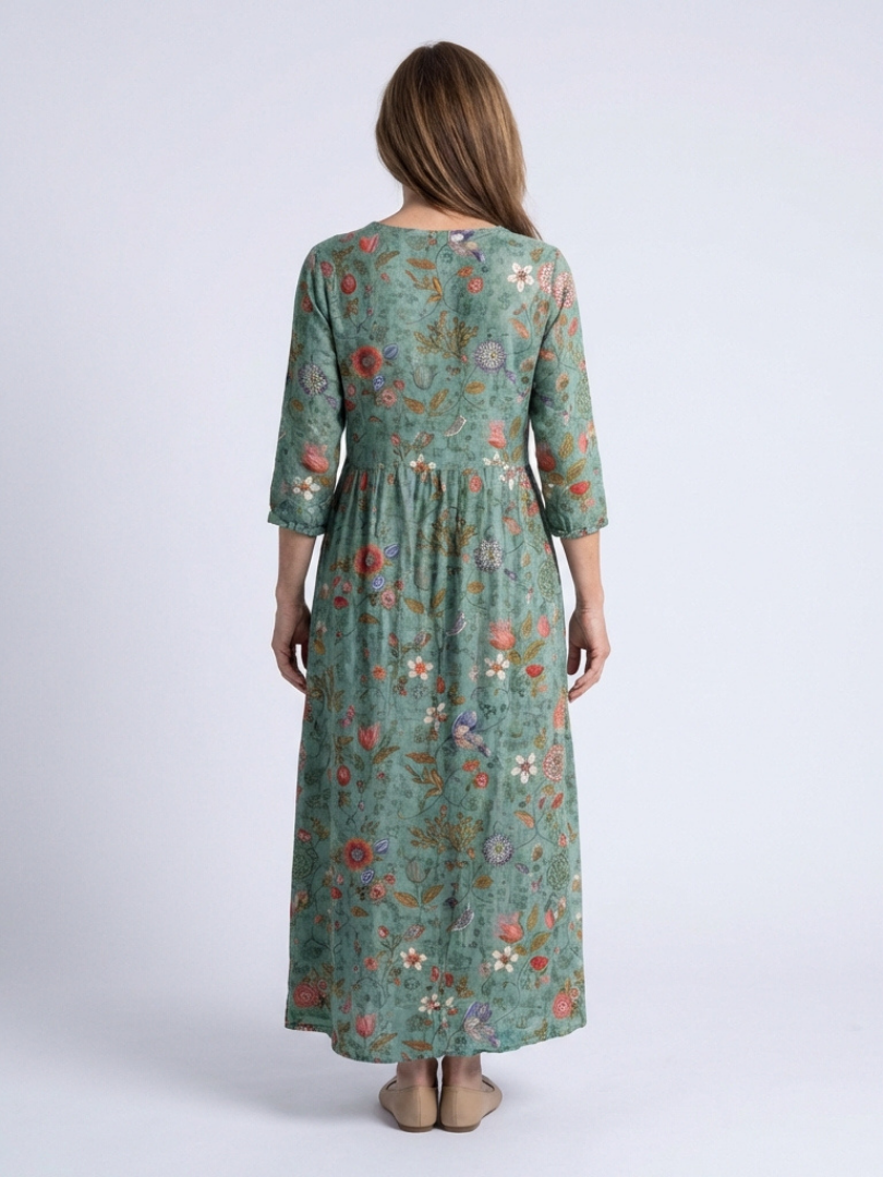 Valérie | Vestido maxi floral com decote em V e mangas três quartos