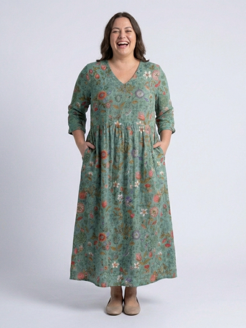 Valérie | Vestido maxi floral com decote em V e mangas três quartos