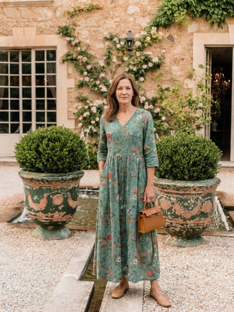 Valérie | Vestido maxi floral com decote em V e mangas três quartos
