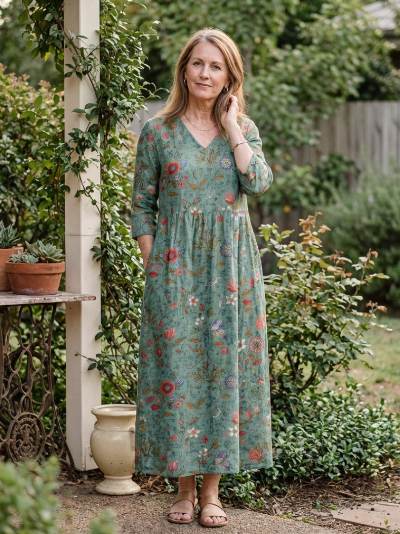 Valérie | Vestido maxi floral com decote em V e mangas três quartos