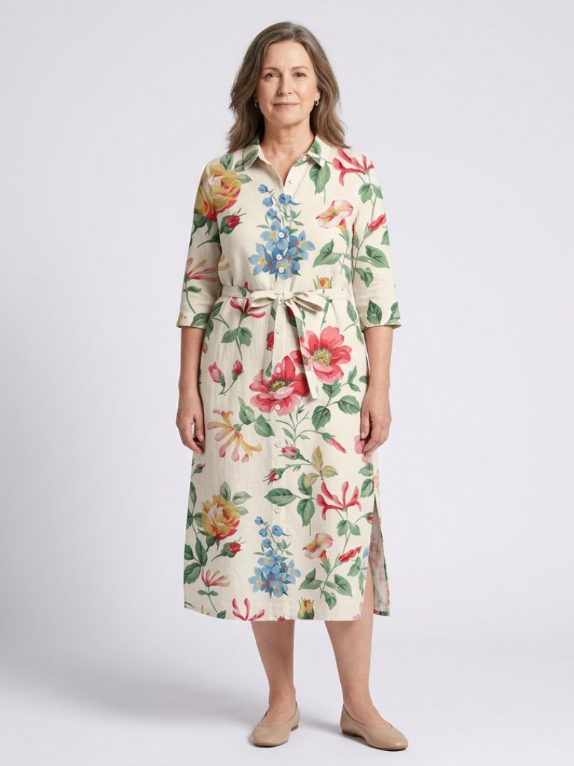 Charlotte | Vestido midi com flores e mangas curtas com botões