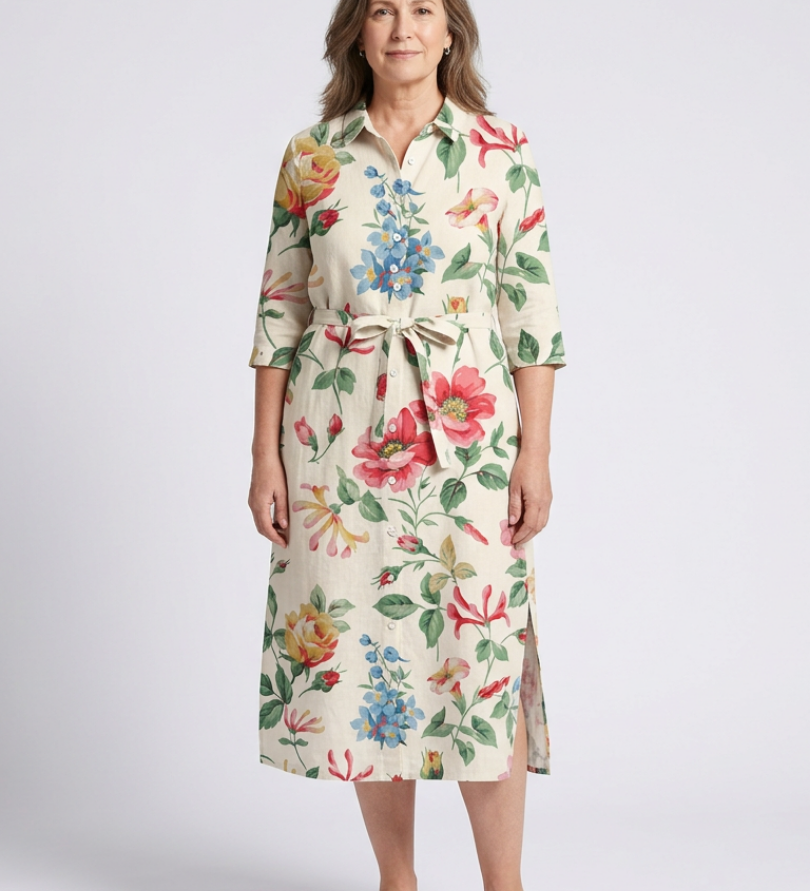 Charlotte | Vestido midi com flores e mangas curtas com botões