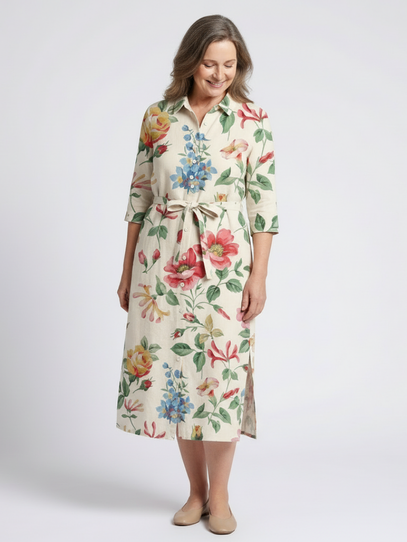 Charlotte | Vestido midi com flores e mangas curtas com botões