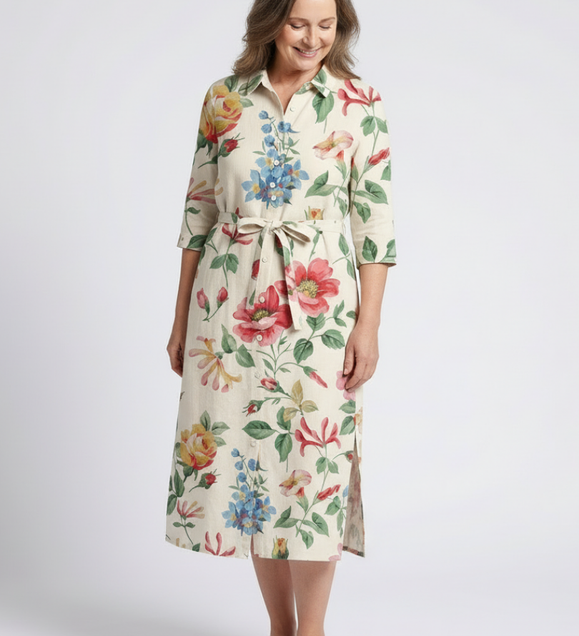 Charlotte | Vestido midi com flores e mangas curtas com botões