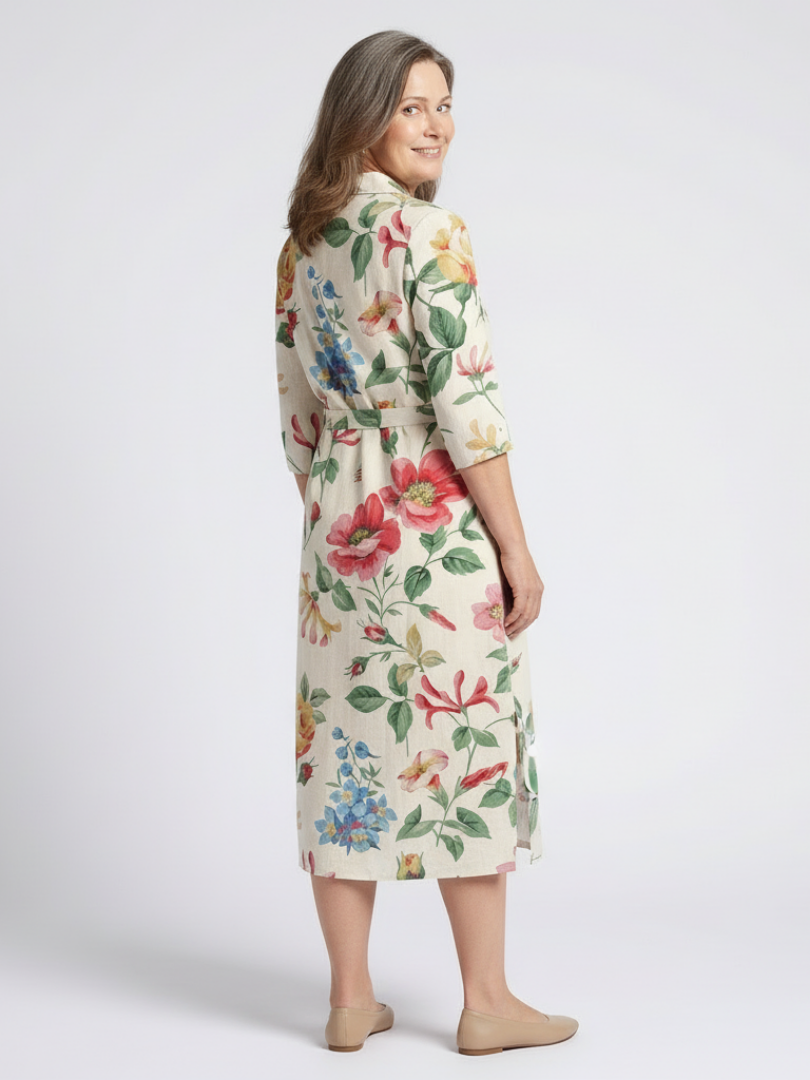 Charlotte | Vestido midi com flores e mangas curtas com botões