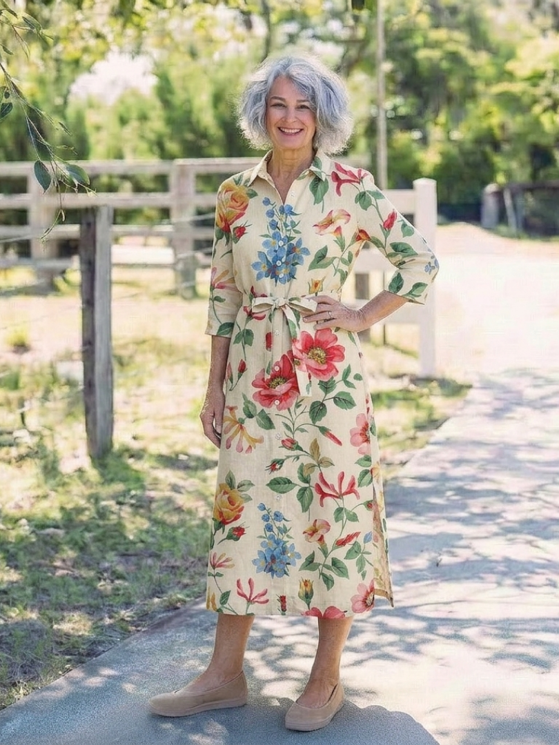 Charlotte | Vestido midi com flores e mangas curtas com botões